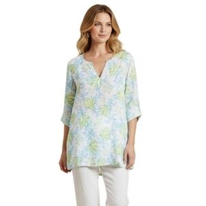 J. Jill Love Linen Tropical Sea Turtle V Neck Tunic Top Size M